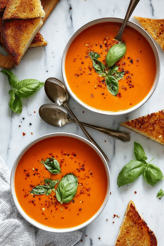 Warm creamy tomato soup made with canned tomatoes, garnished with basil and chili flakes, served with toasted bread