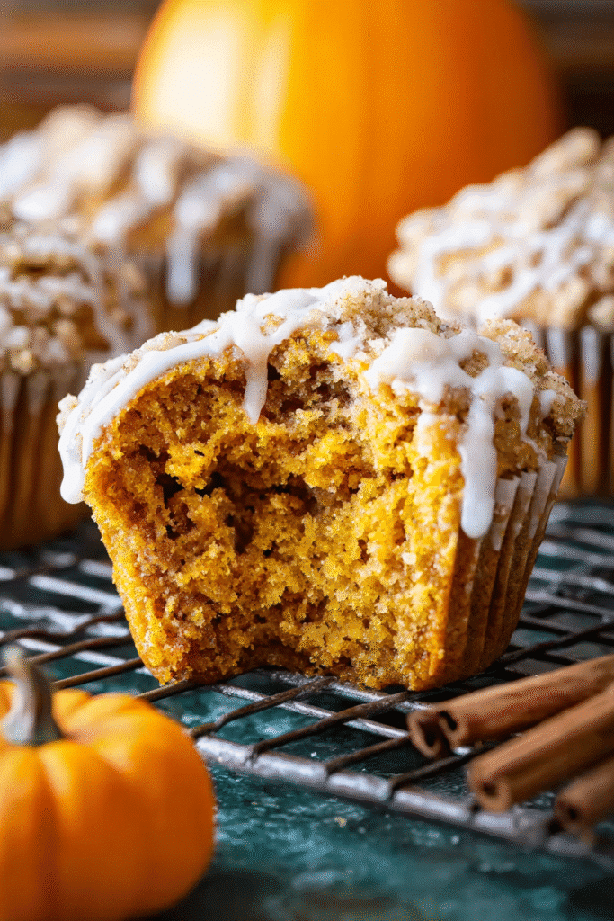 Moist pumpkin muffin with crumb topping and vanilla glaze, surrounded by pumpkins and cinnamon sticks on a cooling rack