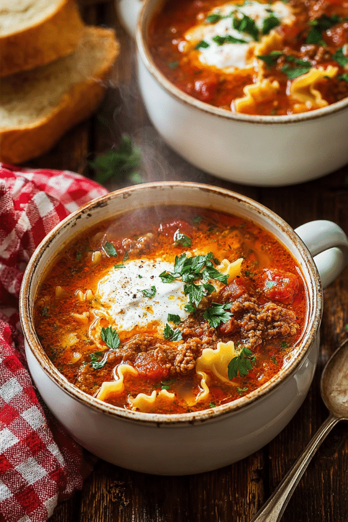 Steaming one pot lasagna soup with beef, noodles, tomatoes, and herbs topped with a creamy dollop and parsley