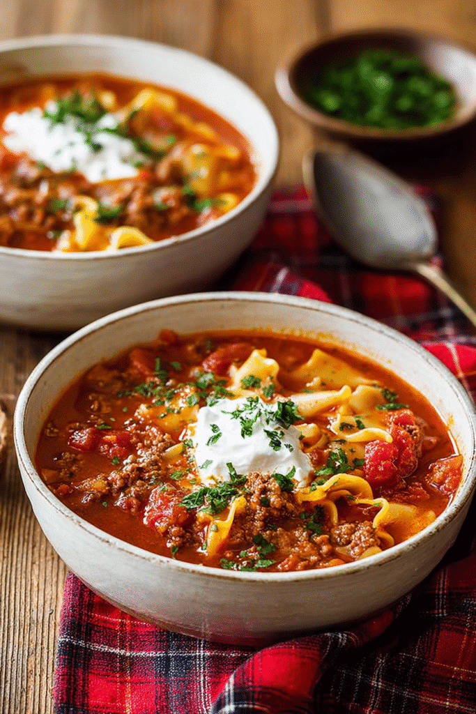 Hearty one pot lasagna soup with ground beef, noodles, tomatoes, and creamy topping in a warm rustic bowl