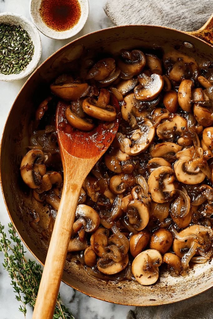 Sautéed mushrooms and onions simmering in a pan with herbs and broth, perfect for a rich and creamy mushroom soup base