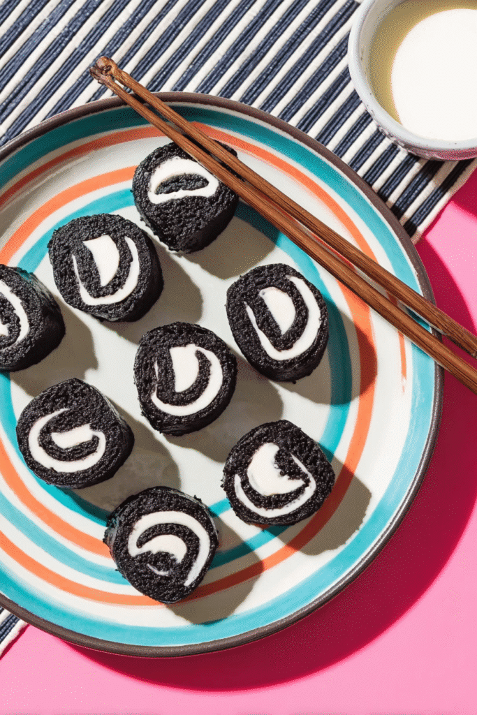 Oreo sushi dessert rolls with creamy filling on a colorful plate and chopsticks beside a small bowl of white sauce