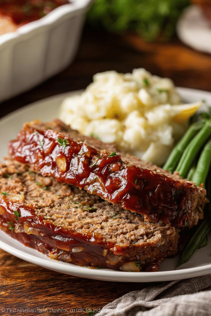 Juicy old-fashioned meatloaf with tomato glaze served with mashed potatoes and green beans on a white dinner plate