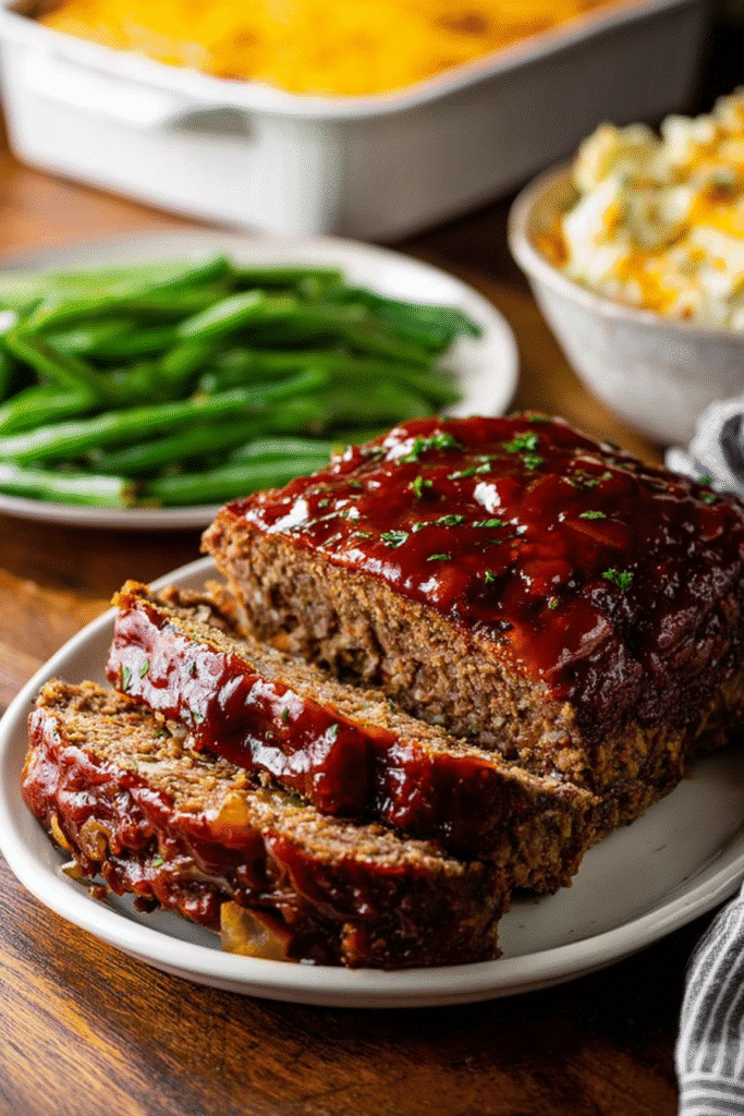 Classic old-fashioned meatloaf topped with rich tomato glaze, sliced and served with green beans and mashed potatoes