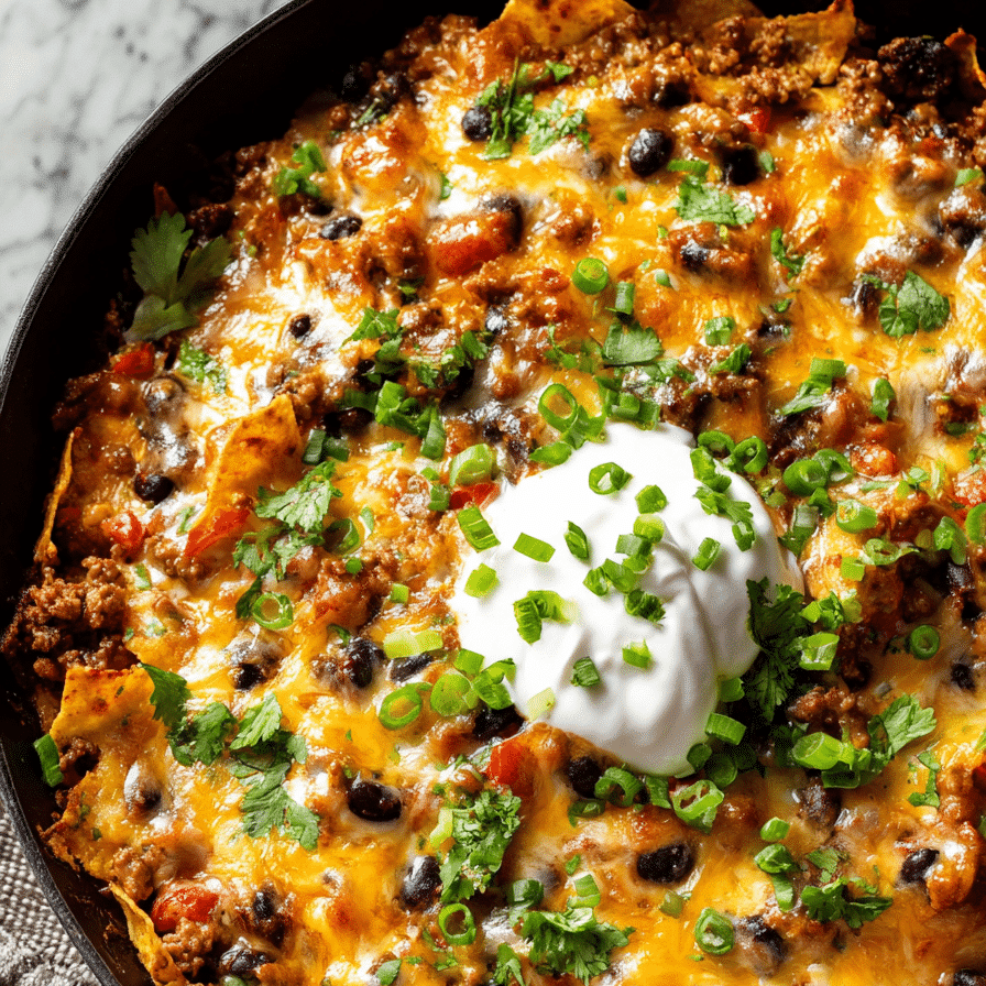 One pan beef taco skillet topped with melted cheese, black beans, sour cream, and green onions in a cast iron pan