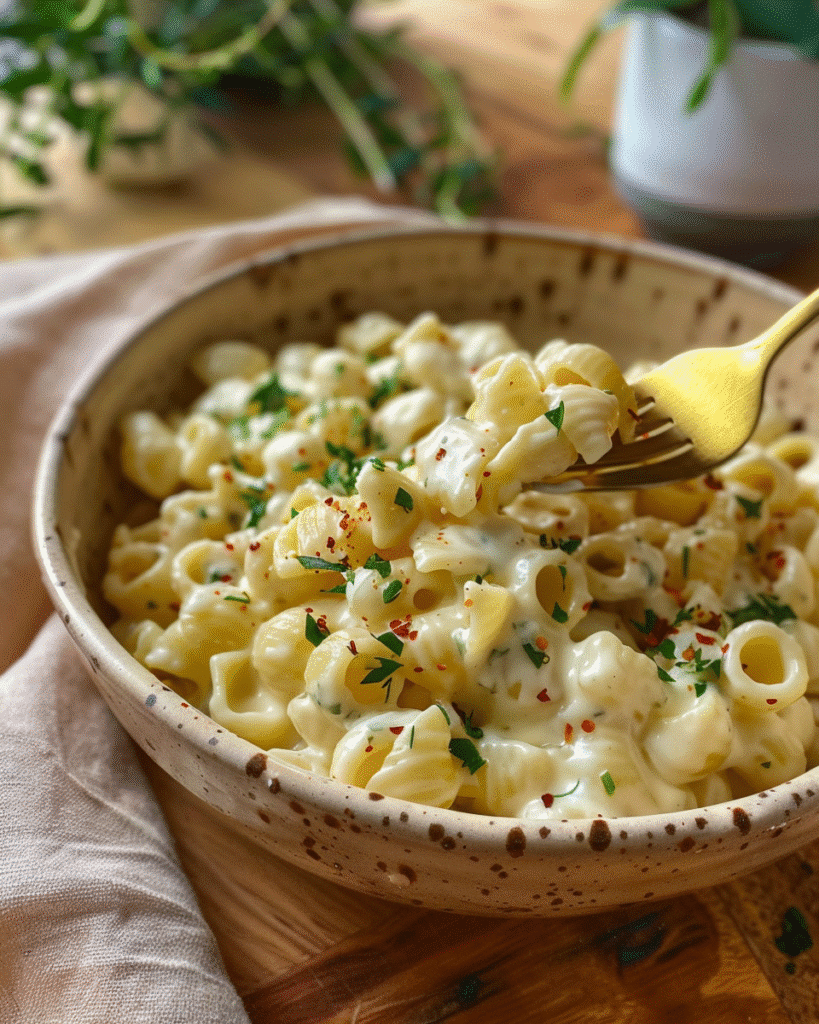 Creamy pasta shells coated in garlic parmesan sauce, topped with parsley and red pepper flakes for extra flavor