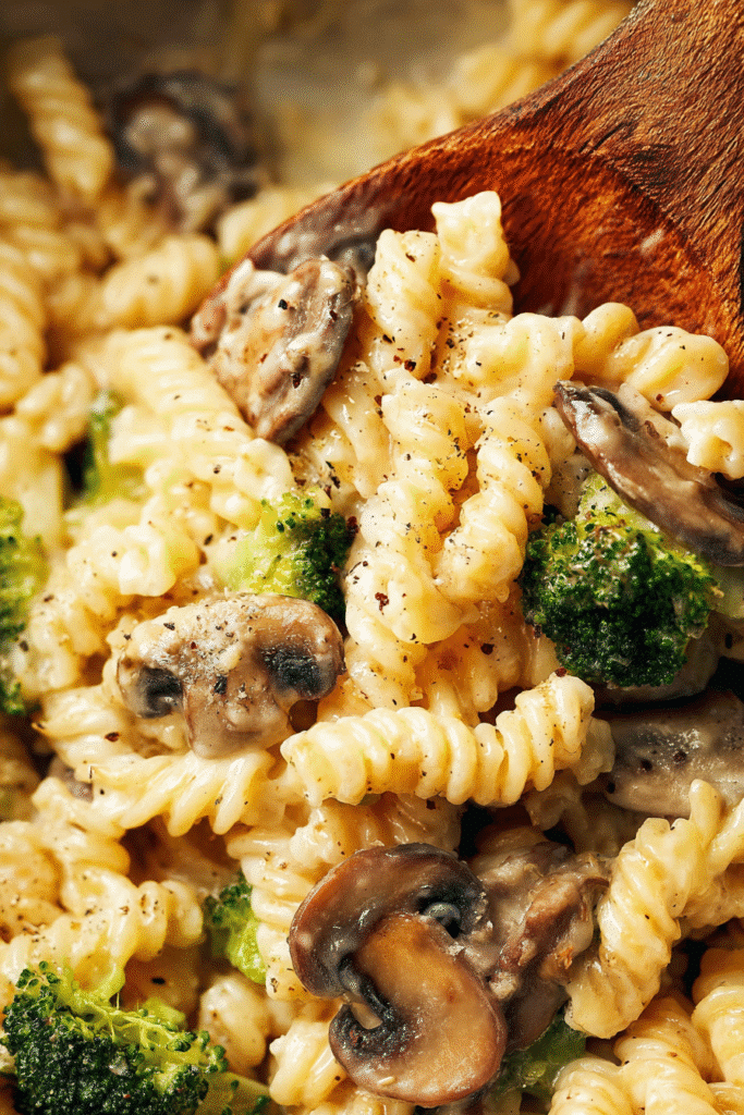 Creamy one-pot broccoli mac and cheese with mushrooms and rotini pasta coated in rich, cheesy sauce and black pepper