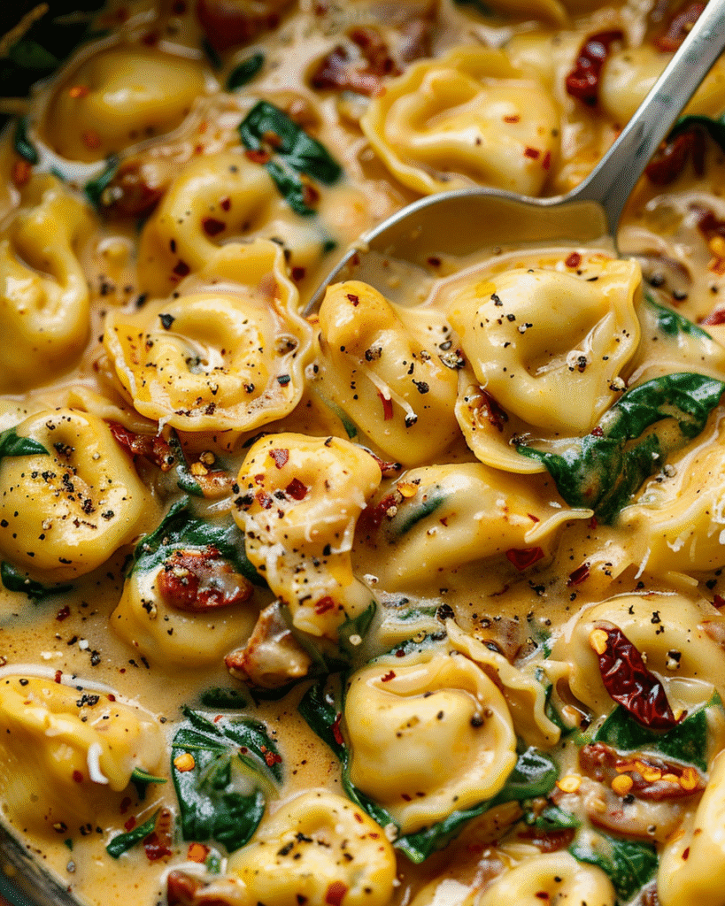 Cheese tortellini in a creamy garlic sauce with spinach, sun-dried tomatoes, and pepper flakes for a rich Italian meal