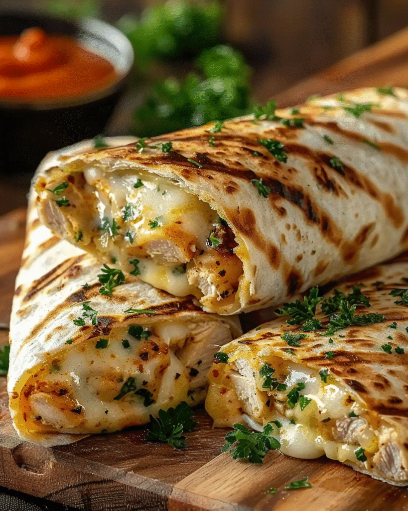 Melted cheesy garlic chicken wraps grilled golden brown, filled with juicy chicken, herbs, and creamy melted cheese