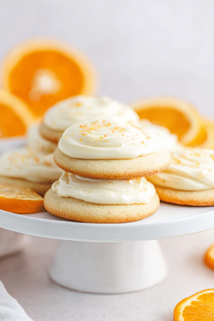 Soft orange creamsicle cookies with creamy frosting and orange zest on top, stacked on a white cake stand