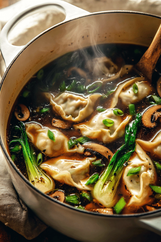 Warm potsticker soup with dumplings, bok choy, mushrooms, and green onions in a flavorful soy-ginger broth