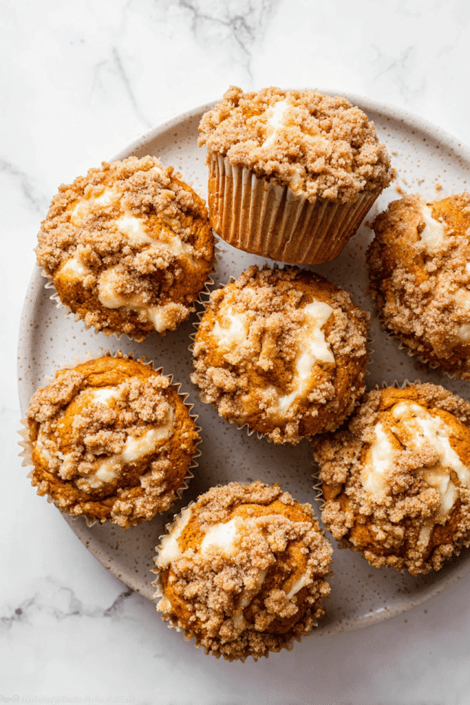 Pumpkin cream cheese muffins with cinnamon streusel topping on a white plate, showing creamy centers and crumbly texture