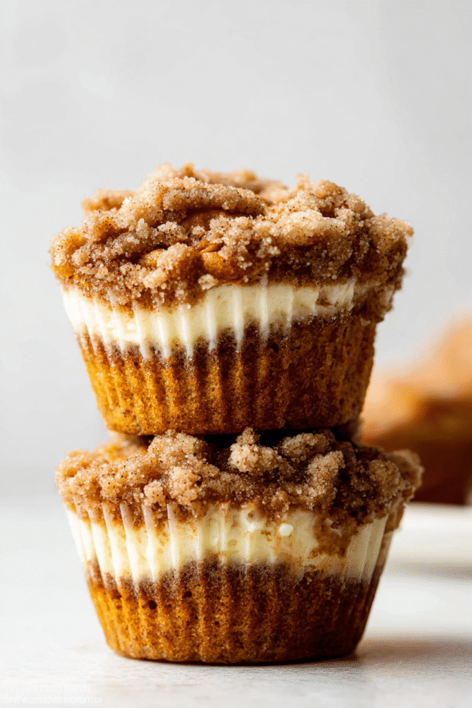 Soft pumpkin cream cheese muffins stacked with cinnamon streusel topping, showing creamy swirl and warm texture