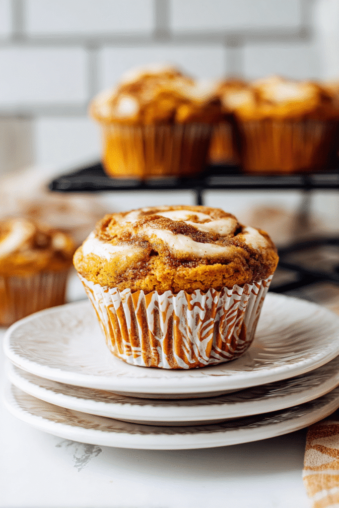 Pumpkin cream cheese swirl muffin on stacked white plates with creamy center and soft golden top in a cozy kitchen setting