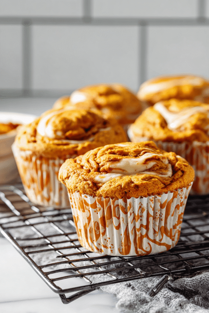 Fresh pumpkin cream cheese swirl muffins cooling on a wire rack with creamy centers and golden tops in soft kitchen light