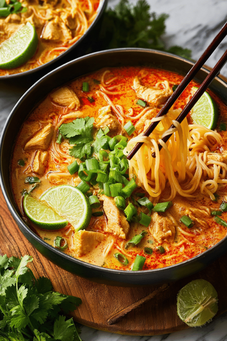 Spicy red curry noodle soup with chicken, lime, and cilantro served in black bowls for a cozy and flavorful meal