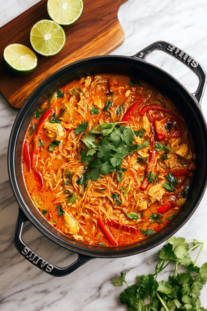 Creamy red curry noodle soup with chicken, bell peppers, and lime in a pot, topped with cilantro and served hot
