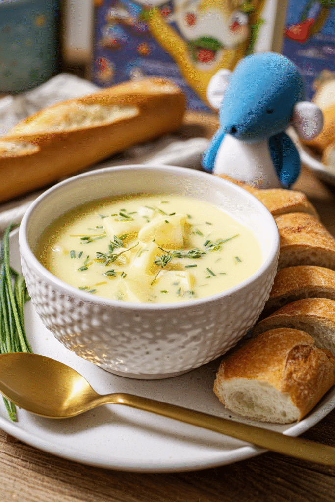 Creamy potato and vegetable soup garnished with herbs and served with crusty bread, inspired by Remy’s Ratatouille magic