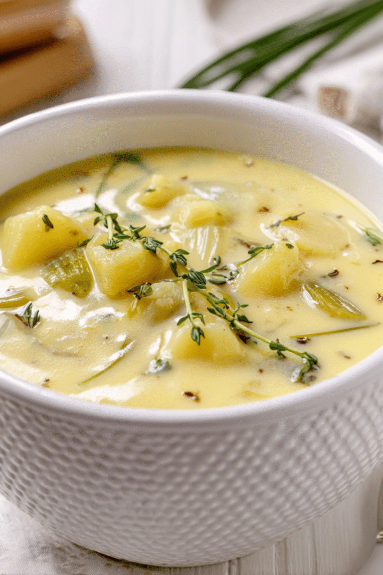 Creamy French potato soup with thyme and herbs served warm in a white bowl for a cozy comforting meal