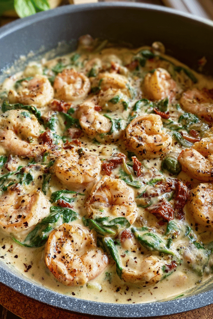 Tender shrimp in creamy garlic sauce with spinach and sun-dried tomatoes, seasoned with herbs for a rich comforting meal