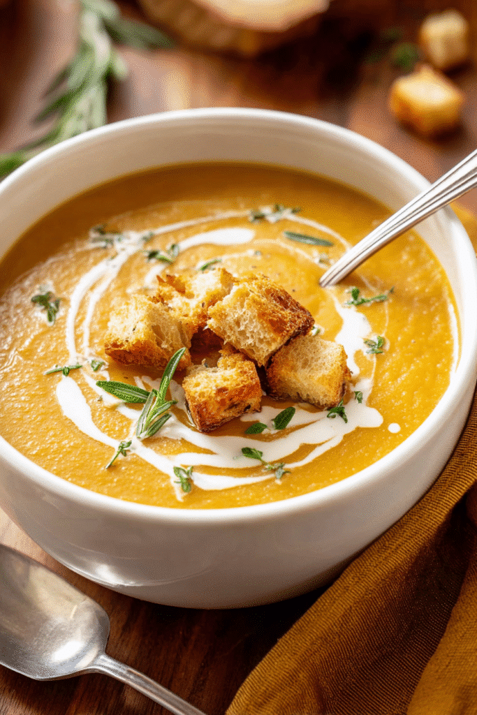 Creamy roasted vegetable soup topped with golden croutons, fresh herbs, and a drizzle of cream in a white bowl