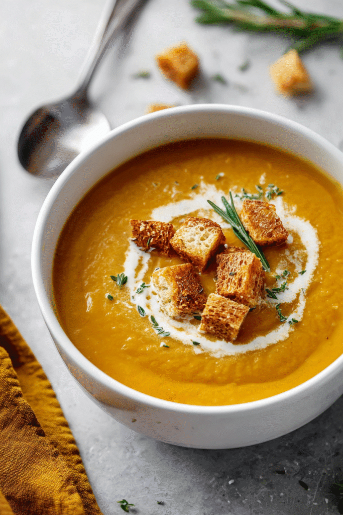 Smooth roasted vegetable soup topped with crispy croutons, cream swirl, and herbs in a white bowl