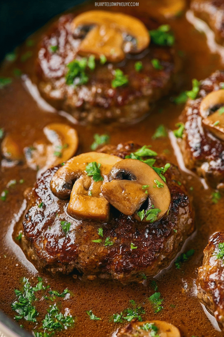 Tender Salisbury steak topped with mushrooms and rich brown gravy, garnished with parsley for a comforting homemade meal