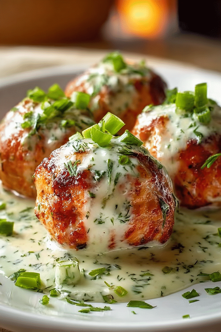 Golden salmon balls topped with creamy avocado sauce and fresh herbs on a white plate, perfect for seafood lovers