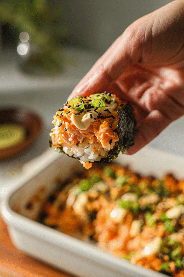 Hand holding a bite of salmon sushi bake wrapped in seaweed, topped with spicy mayo, black sesame, and green onions