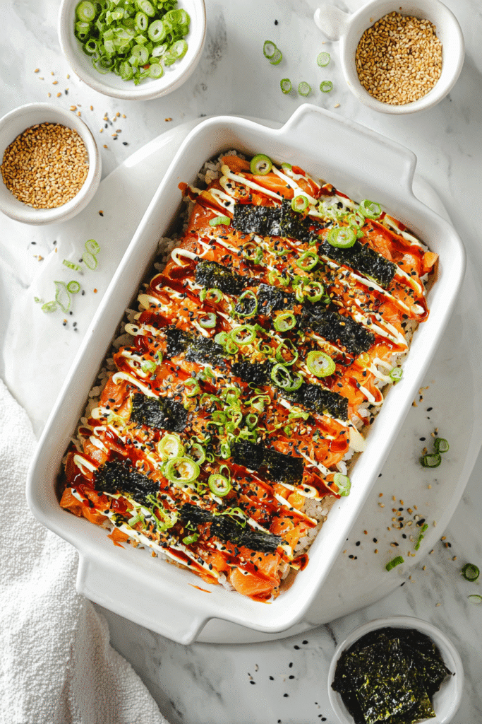 Freshly baked salmon sushi bake in a white dish topped with nori strips, spicy mayo, green onions, and sesame seeds