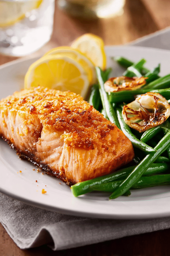 Baked salmon with brown sugar garlic glaze served with lemon slices, roasted onions, and fresh green beans