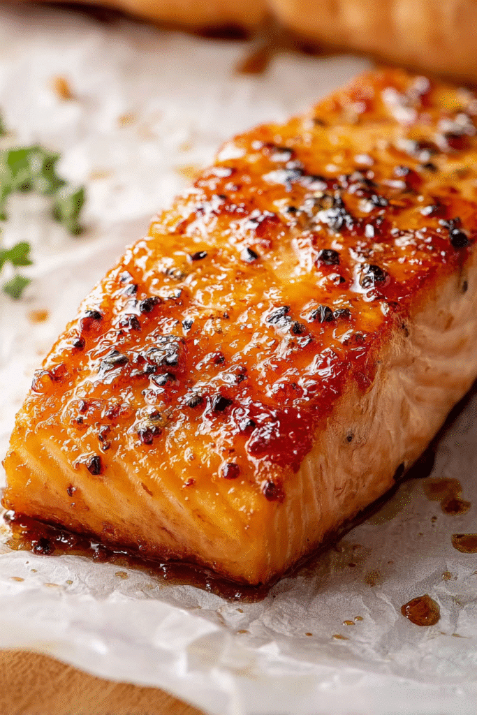 Perfectly baked salmon fillet glazed with brown sugar and garlic, caramelized to a golden finish and juicy inside