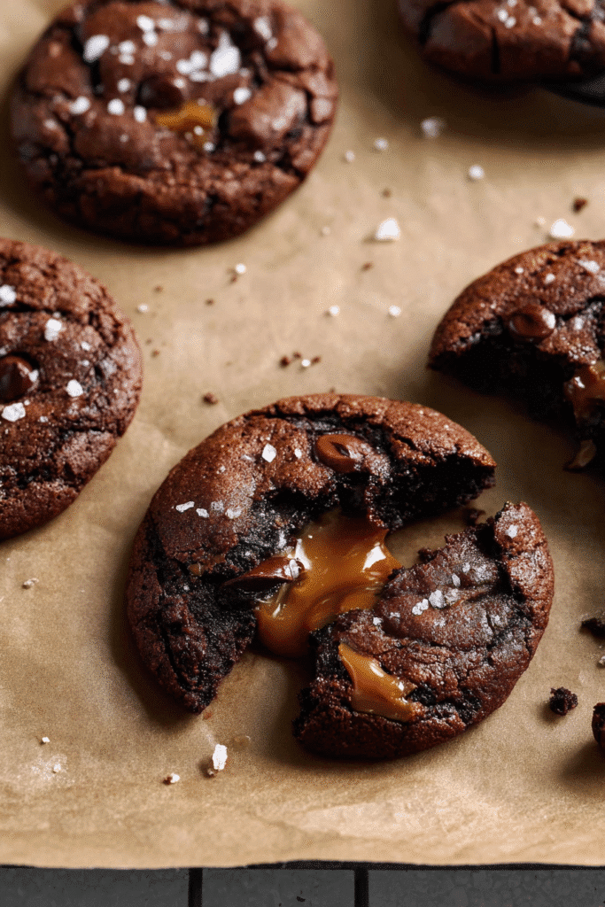 Soft chocolate cookies with melted caramel centers and a sprinkle of flaky sea salt on parchment paper for texture contrast
