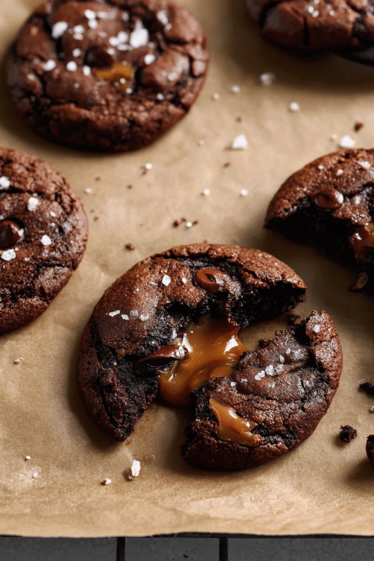 Soft chocolate cookies with melted caramel centers and a sprinkle of flaky sea salt on parchment paper for texture contrast