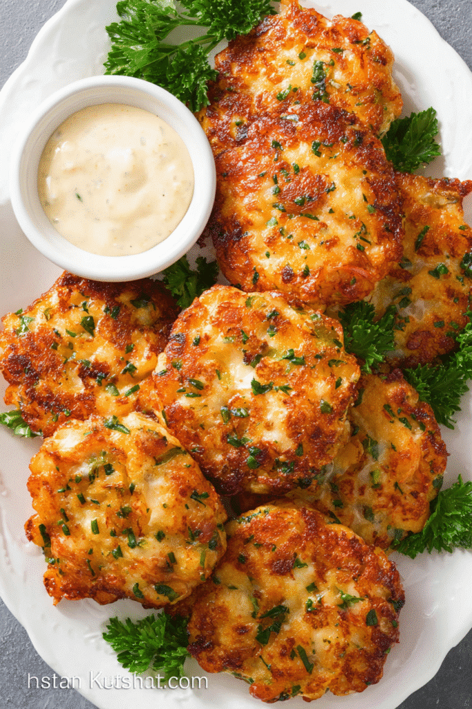 Golden shrimp cakes served on a white plate with creamy lemon aioli and fresh parsley for a bright seafood meal.