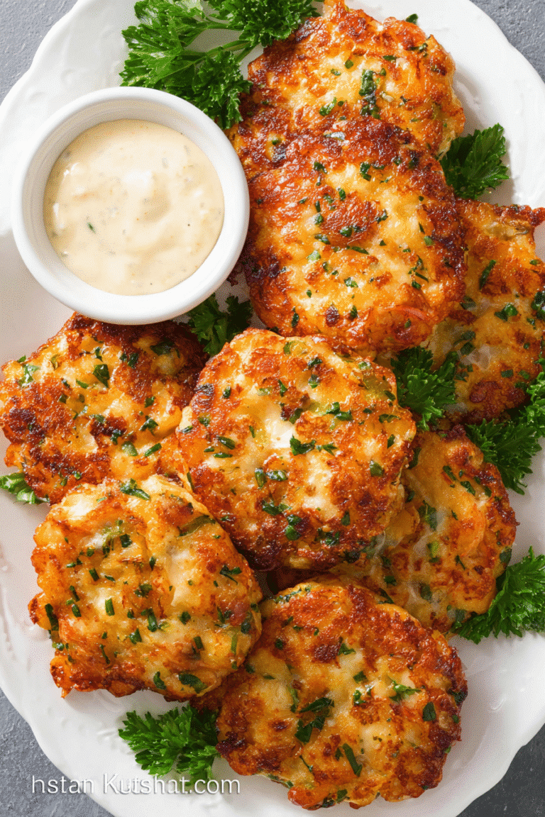Golden shrimp cakes served on a white plate with creamy lemon aioli and fresh parsley for a bright seafood meal.