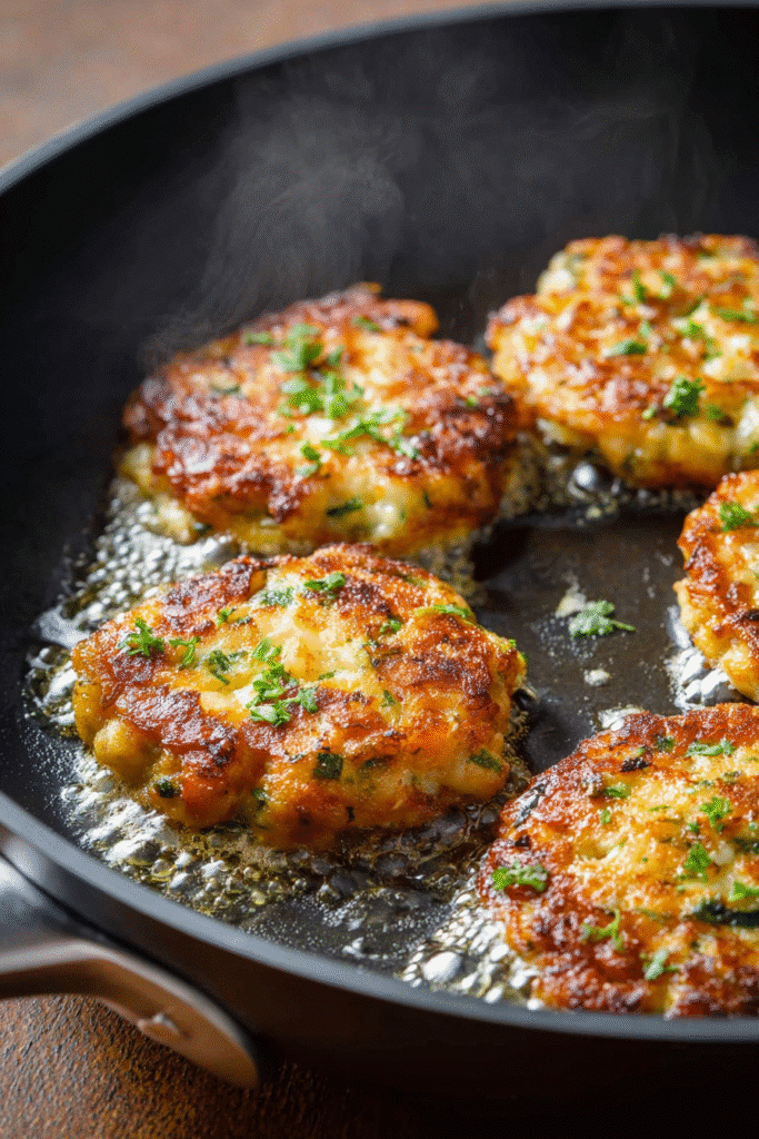 Golden crispy shrimp cakes sizzling in a pan, garnished with parsley and served with creamy lemon aioli sauce.