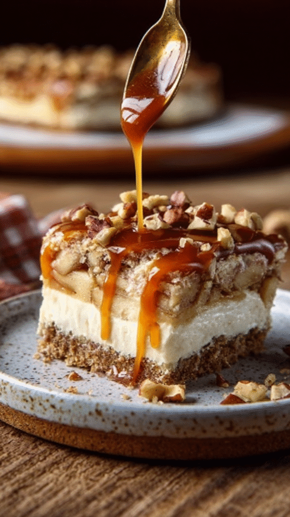 Side view of a slice of caramel apple cheesecake bar