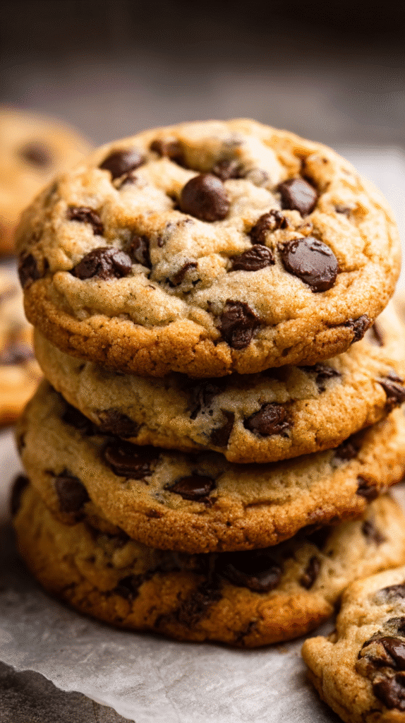 Side view of a stack of ultra thick chocolate chip cookie