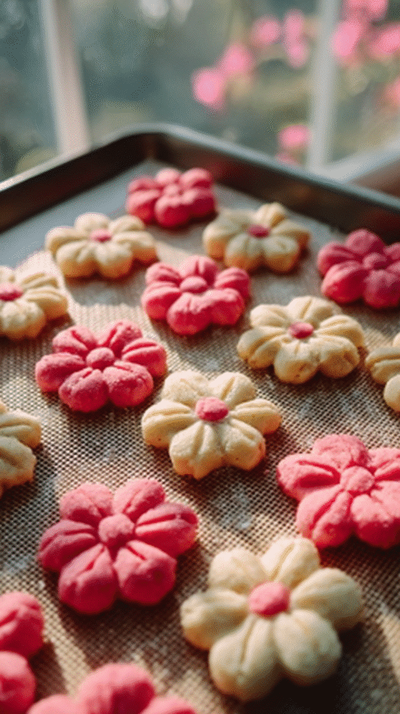 Side view of a tray of delicate flower shortbread cookies