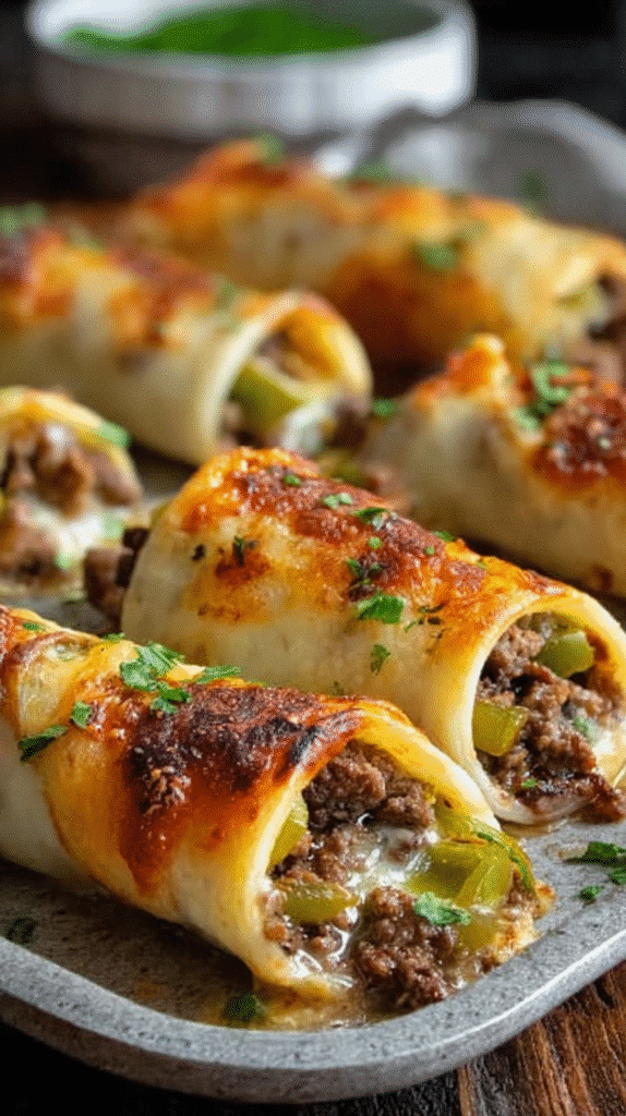 Side view of cheesy keto Philly cheesesteak roll ups