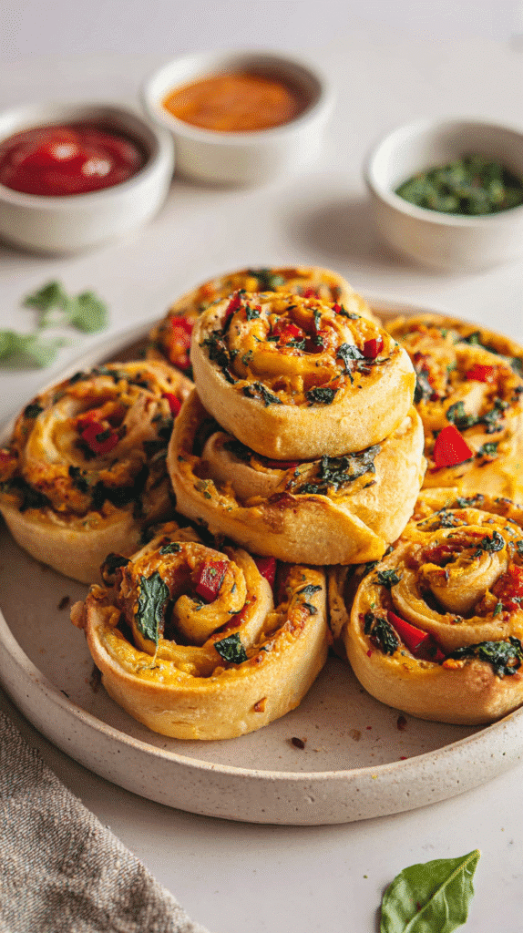 Side view of warm vegan pizza rolls stacked