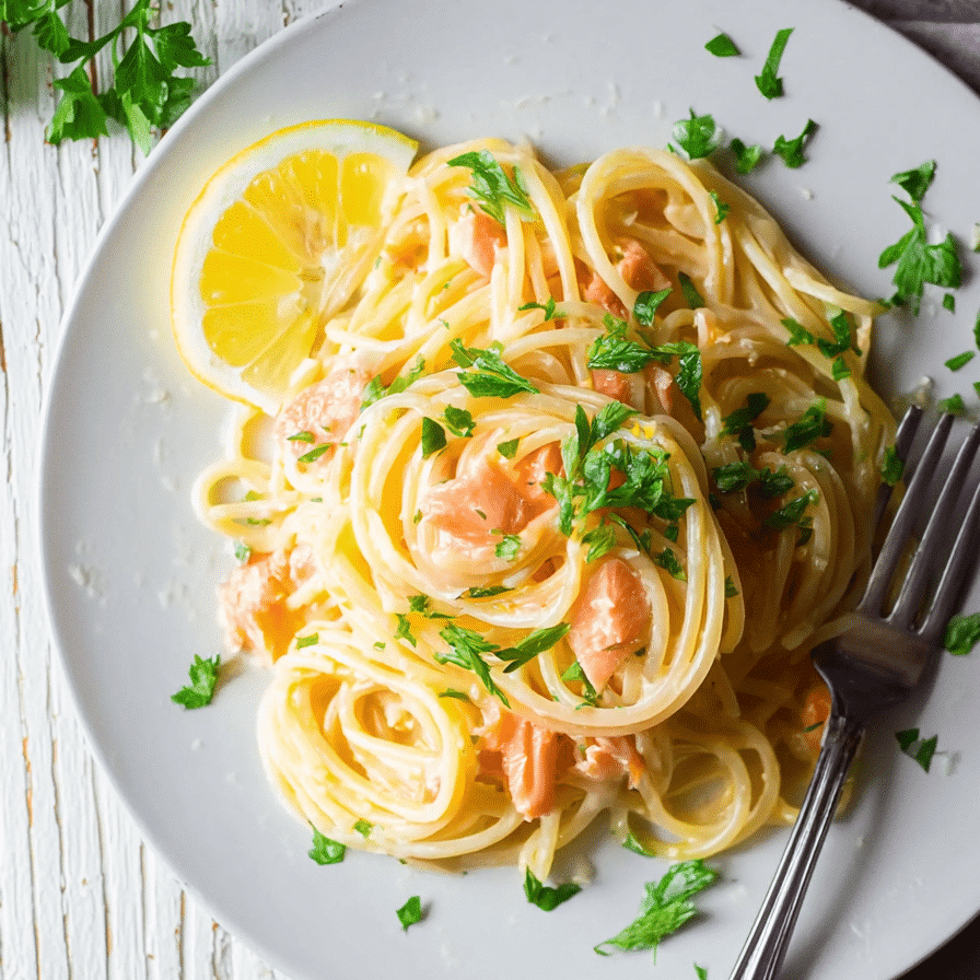Creamy smoked salmon carbonara pasta garnished with fresh parsley and lemon slice served on a white plate