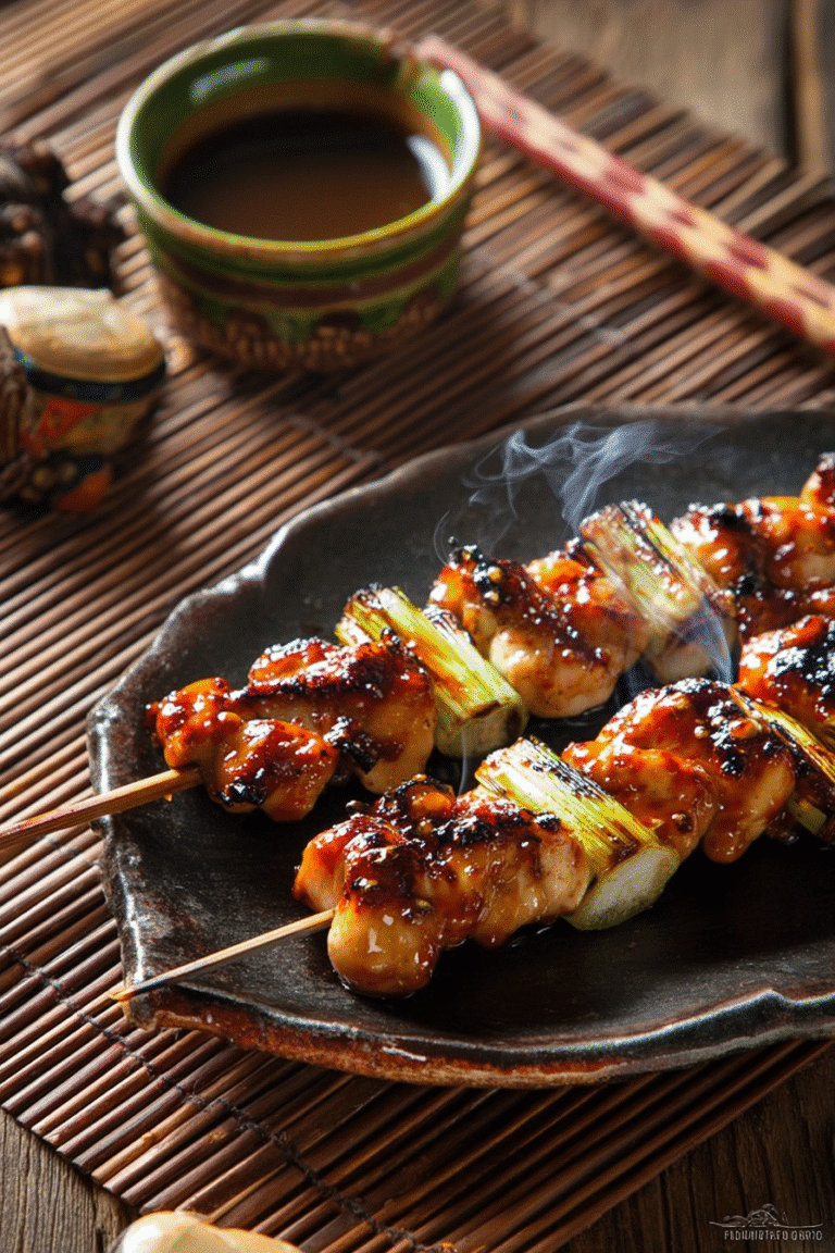 Smoky grilled Japanese chicken yakitori skewers with caramelized glaze and green onions served on a rustic plate