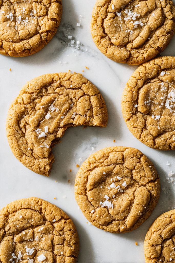 Soft peanut butter cookies sprinkled with sea salt on a marble surface, one cookie with a bite taken for texture detail