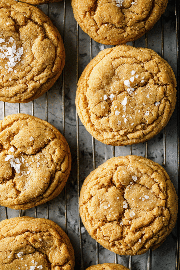 Soft and chewy peanut butter cookies topped with flaky sea salt cooling on a wire rack, golden and perfectly baked
