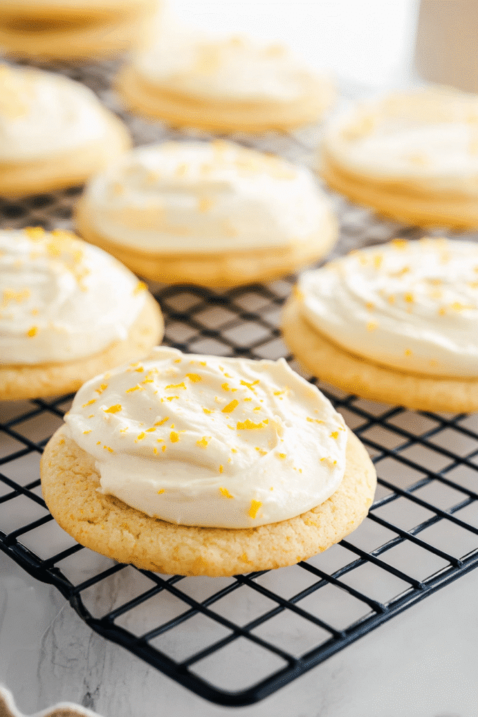 Soft orange creamsicle cookies with creamy frosting and orange zest cooling on a wire rack, golden and fluffy