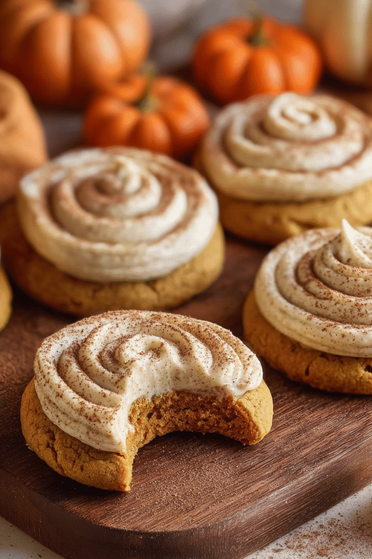 Soft pumpkin cookie with a bite taken out, topped with creamy cinnamon frosting and surrounded by mini pumpkins