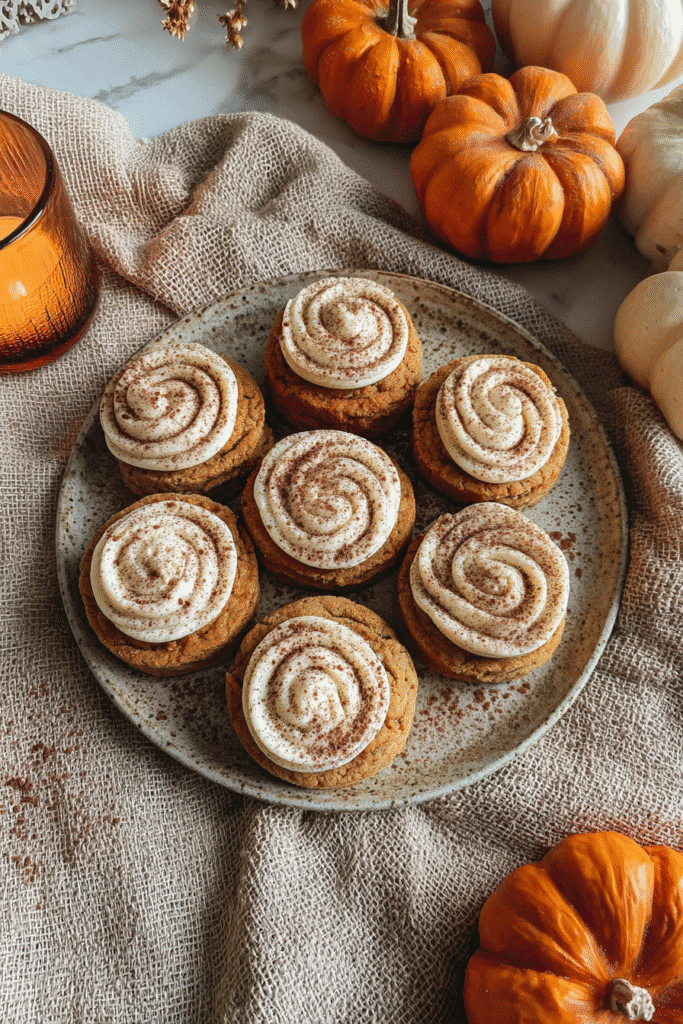 Soft pumpkin cookies topped with creamy cinnamon frosting swirls, served on a cozy autumn table with small pumpkins