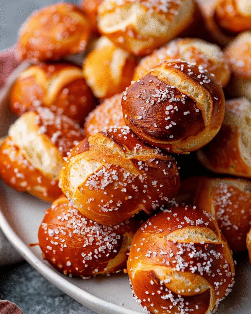 Golden brown pretzel bites sprinkled with coarse salt, soft inside and chewy outside, served on a white plate
